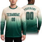 Custom Cream Green Sublimation Long Sleeve Fade Fashion Soccer Uniform Jersey worn front and back