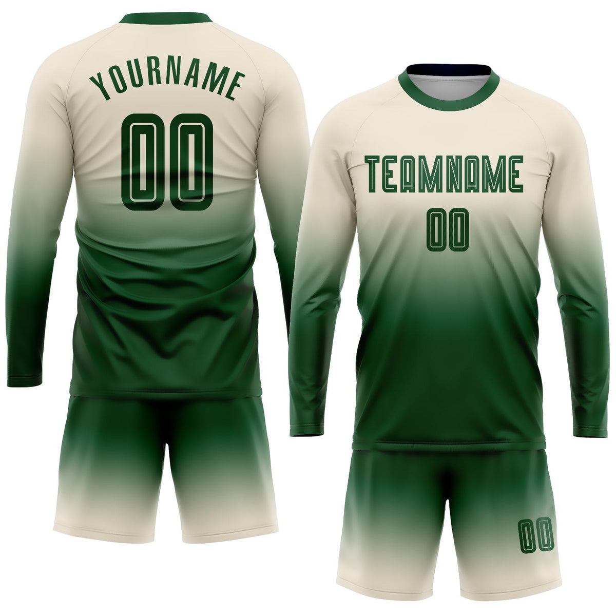 Custom Cream Green Sublimation Long Sleeve Fade Fashion Soccer Uniform Jersey photo 2