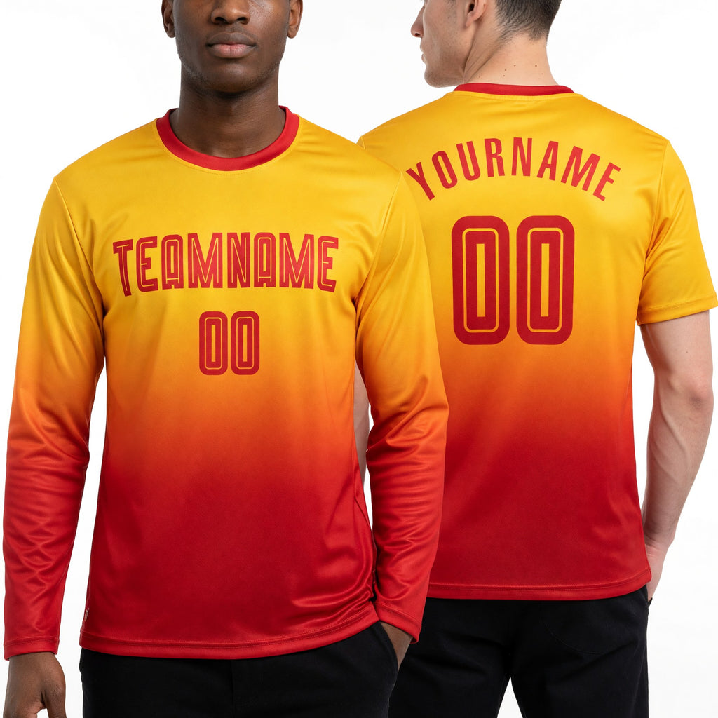 Custom Gold Red Sublimation Long Sleeve Fade Fashion Soccer Uniform Jersey worn front and back