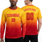 Custom Gold Red Sublimation Long Sleeve Fade Fashion Soccer Uniform Jersey worn front and back