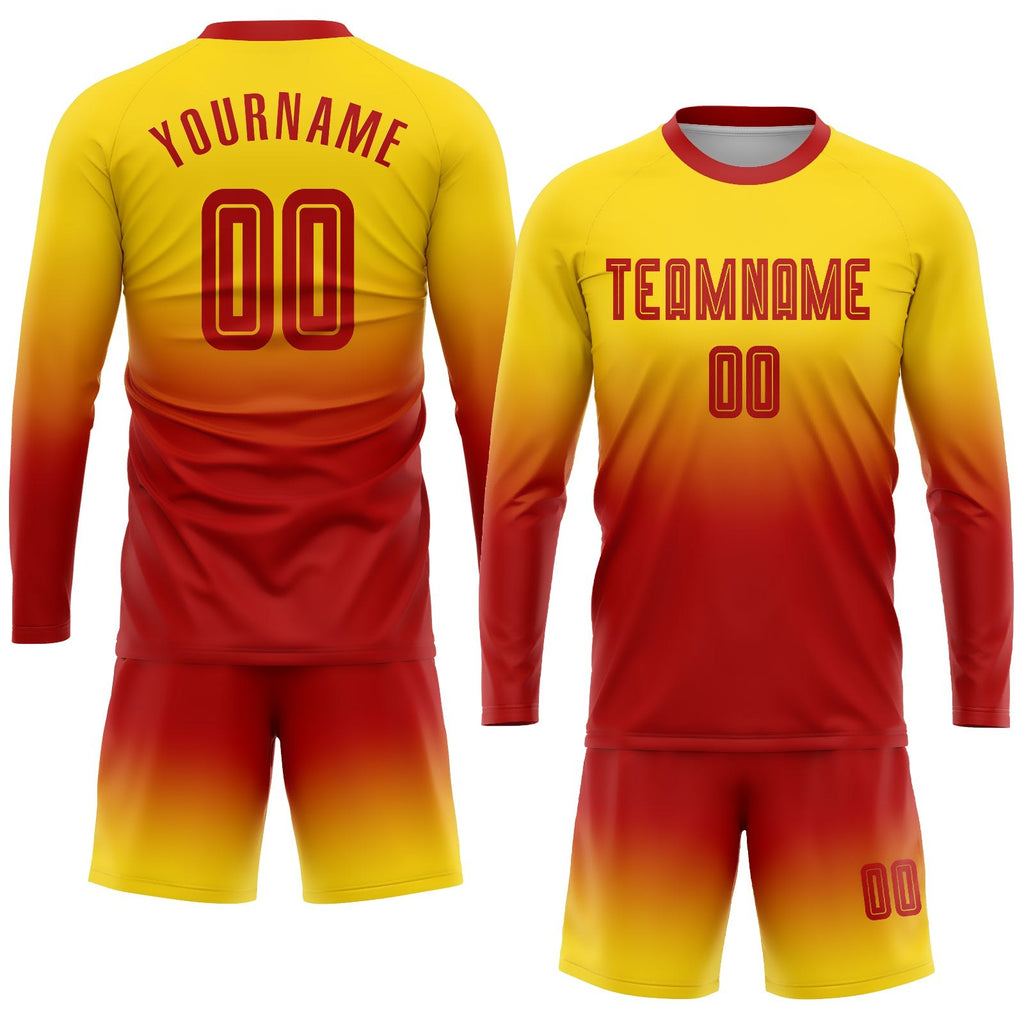 Custom Gold Red Sublimation Long Sleeve Fade Fashion Soccer Uniform Jersey photo 2