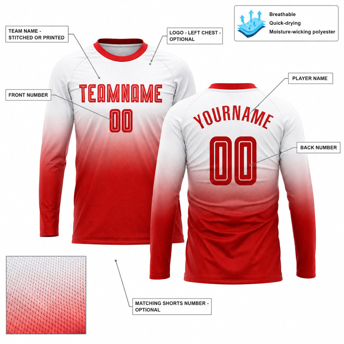 Custom White Fade Long Sleeve Sublimated Soccer Jersey with Red Lettering customization guide