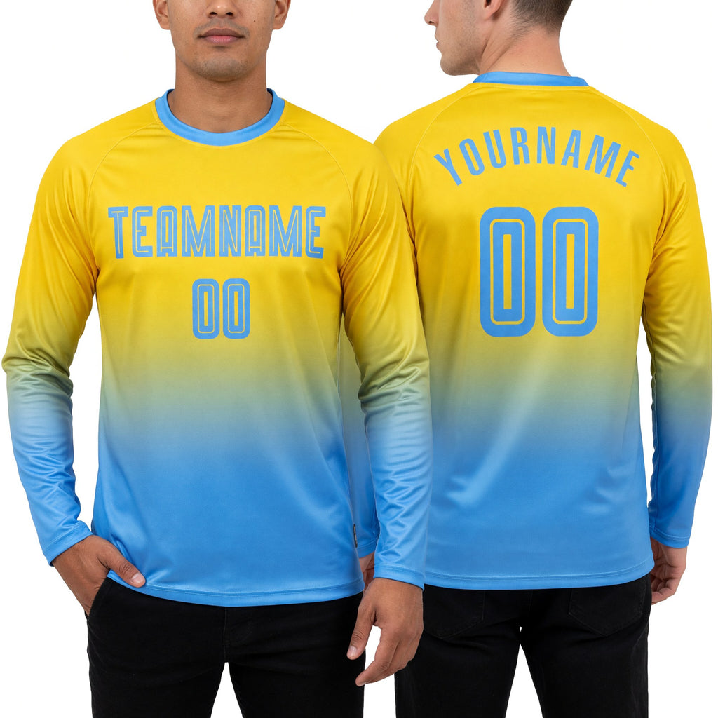 Custom Gold Light Blue Sublimation Long Sleeve Fade Fashion Soccer Uniform Jersey worn front and back