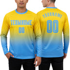 Custom Gold Light Blue Sublimation Long Sleeve Fade Fashion Soccer Uniform Jersey worn front and back