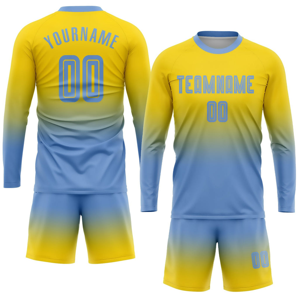 Custom Gold Light Blue Sublimation Long Sleeve Fade Fashion Soccer Uniform Jersey photo 2
