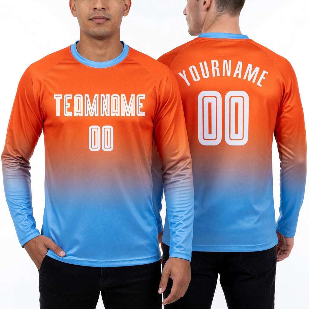 Custom Orange White-Light Blue Sublimation Long Sleeve Fade Fashion Soccer Uniform Jersey worn front and back