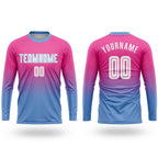 Custom Pink White-Light Blue Sublimation Long Sleeve Fade Fashion Soccer Uniform Jersey