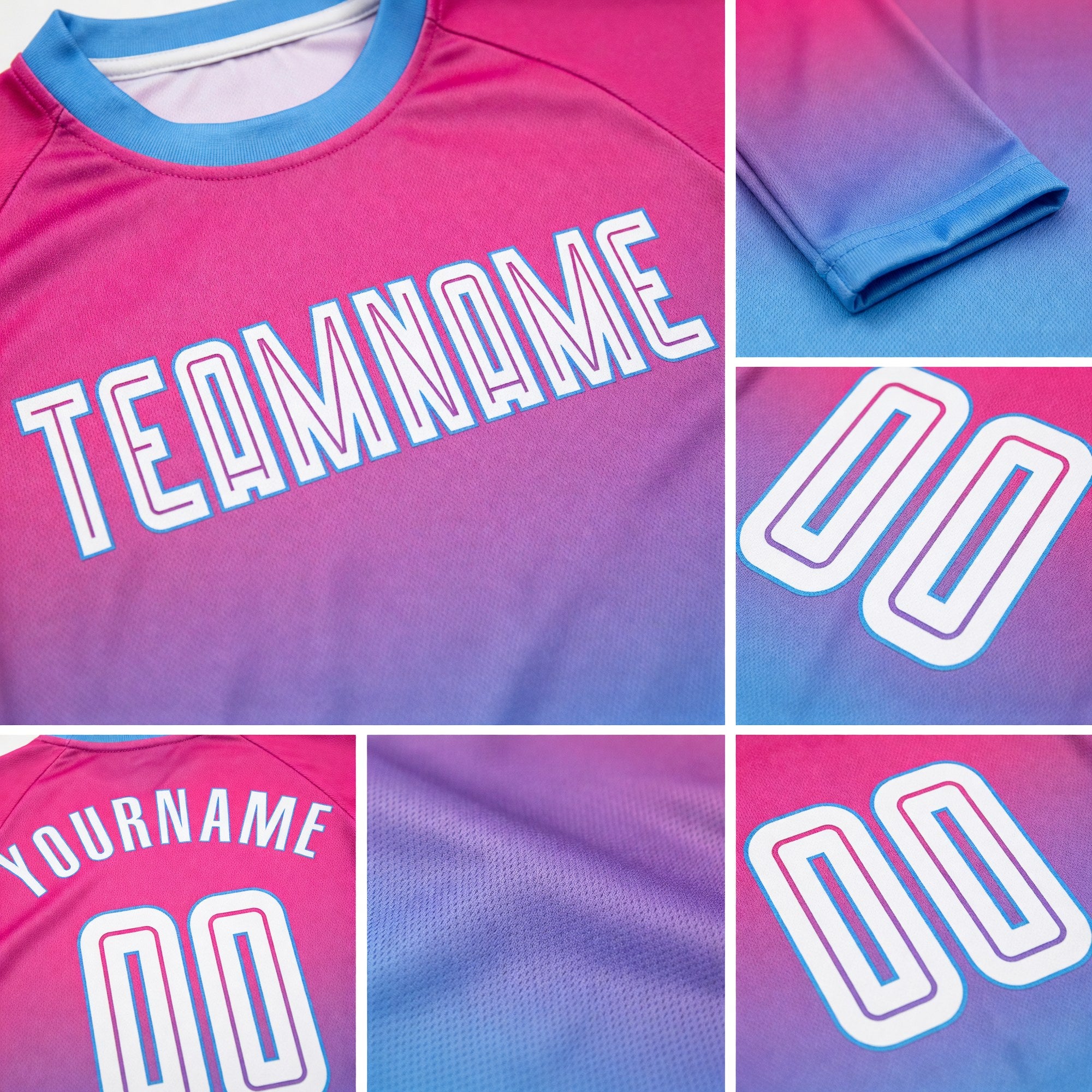 Custom Pink White-Light Blue Sublimation Long Sleeve Fade Fashion Soccer Uniform Jersey detail