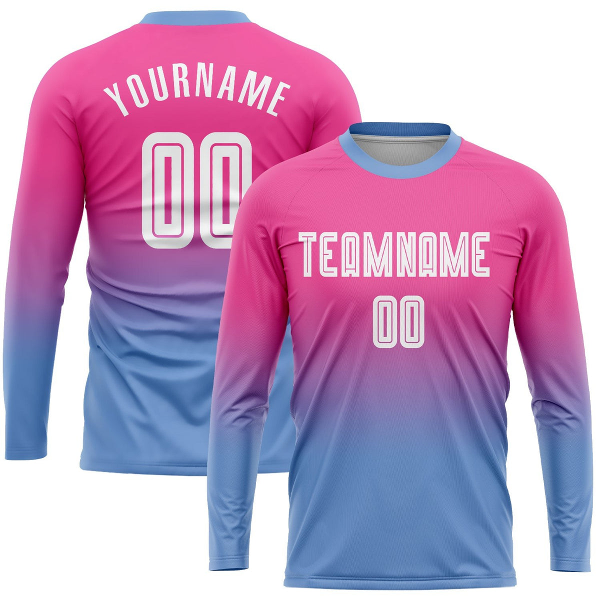 Custom Pink White-Light Blue Sublimation Long Sleeve Fade Fashion Soccer Uniform Jersey photo 1