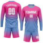 Custom Pink White-Light Blue Sublimation Long Sleeve Fade Fashion Soccer Uniform Jersey photo 2