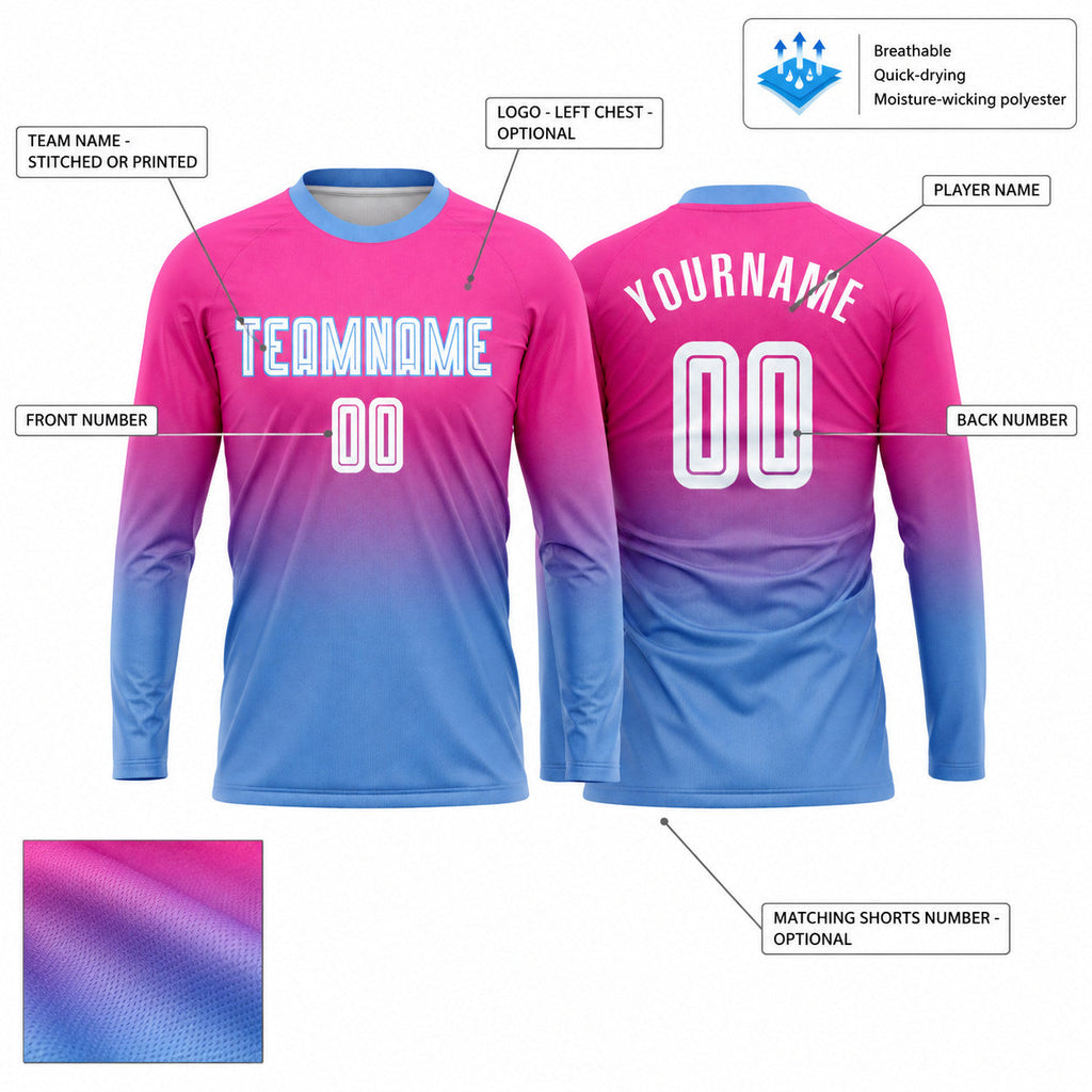 Custom Pink Fade Long Sleeve Sublimated Soccer Jersey with White and Light Blue Lettering customization guide