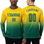 Custom Gold Kelly Green Sublimation Long Sleeve Fade Fashion Soccer Uniform Jersey worn front and back