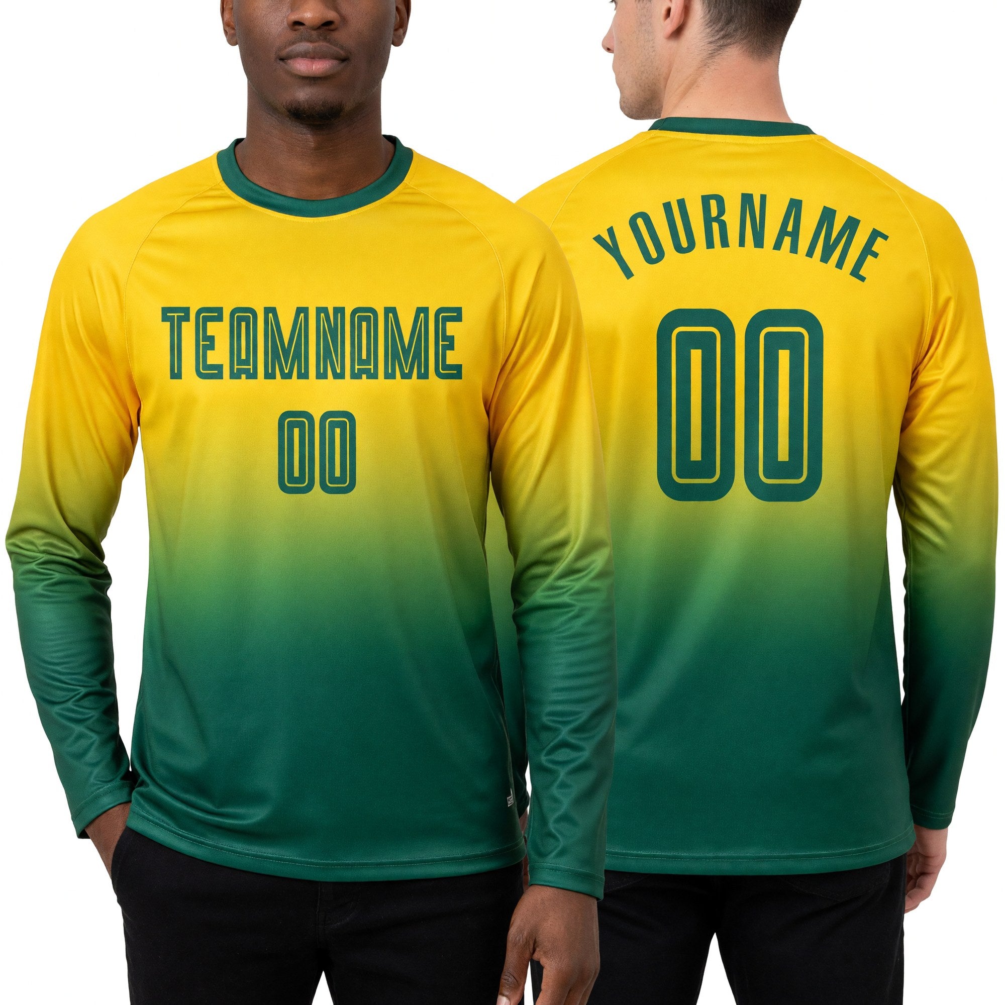Custom Gold Kelly Green Sublimation Long Sleeve Fade Fashion Soccer Uniform Jersey worn front and back