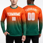 Custom Orange White-Kelly Green Sublimation Long Sleeve Fade Fashion Soccer Uniform Jersey worn front and back