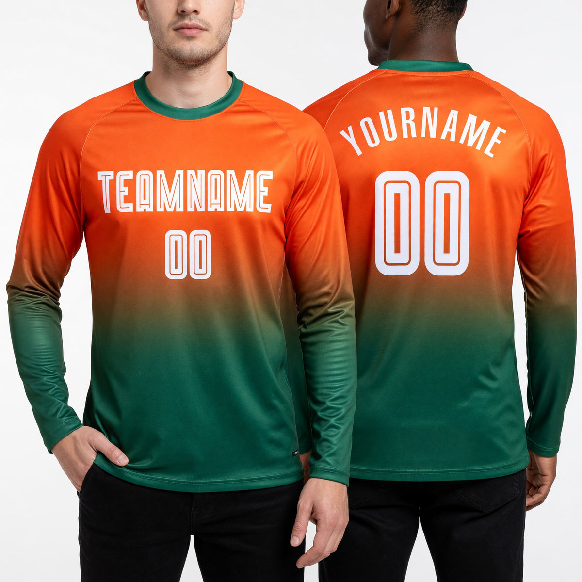 Custom Orange White-Kelly Green Sublimation Long Sleeve Fade Fashion Soccer Uniform Jersey worn front and back