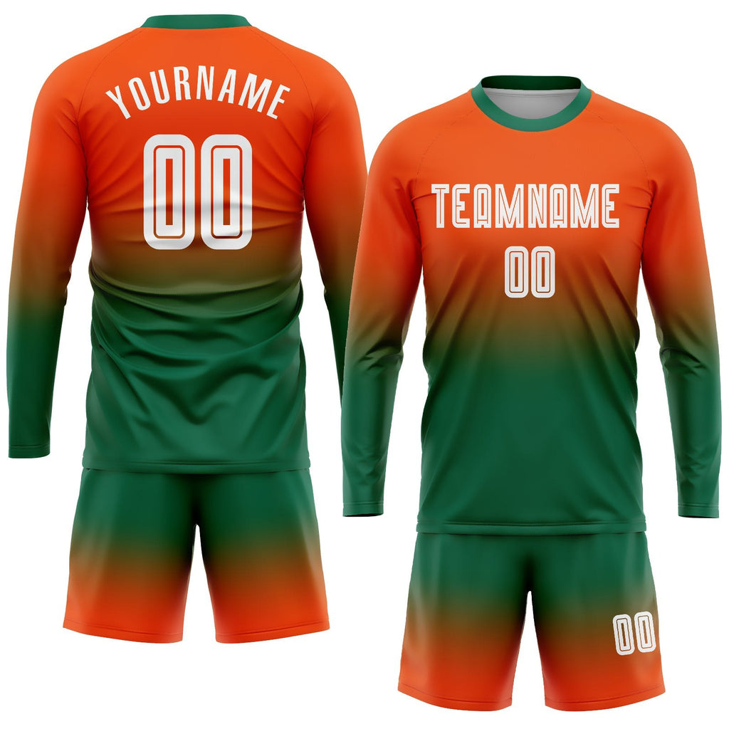Custom Orange White-Kelly Green Sublimation Long Sleeve Fade Fashion Soccer Uniform Jersey photo 2