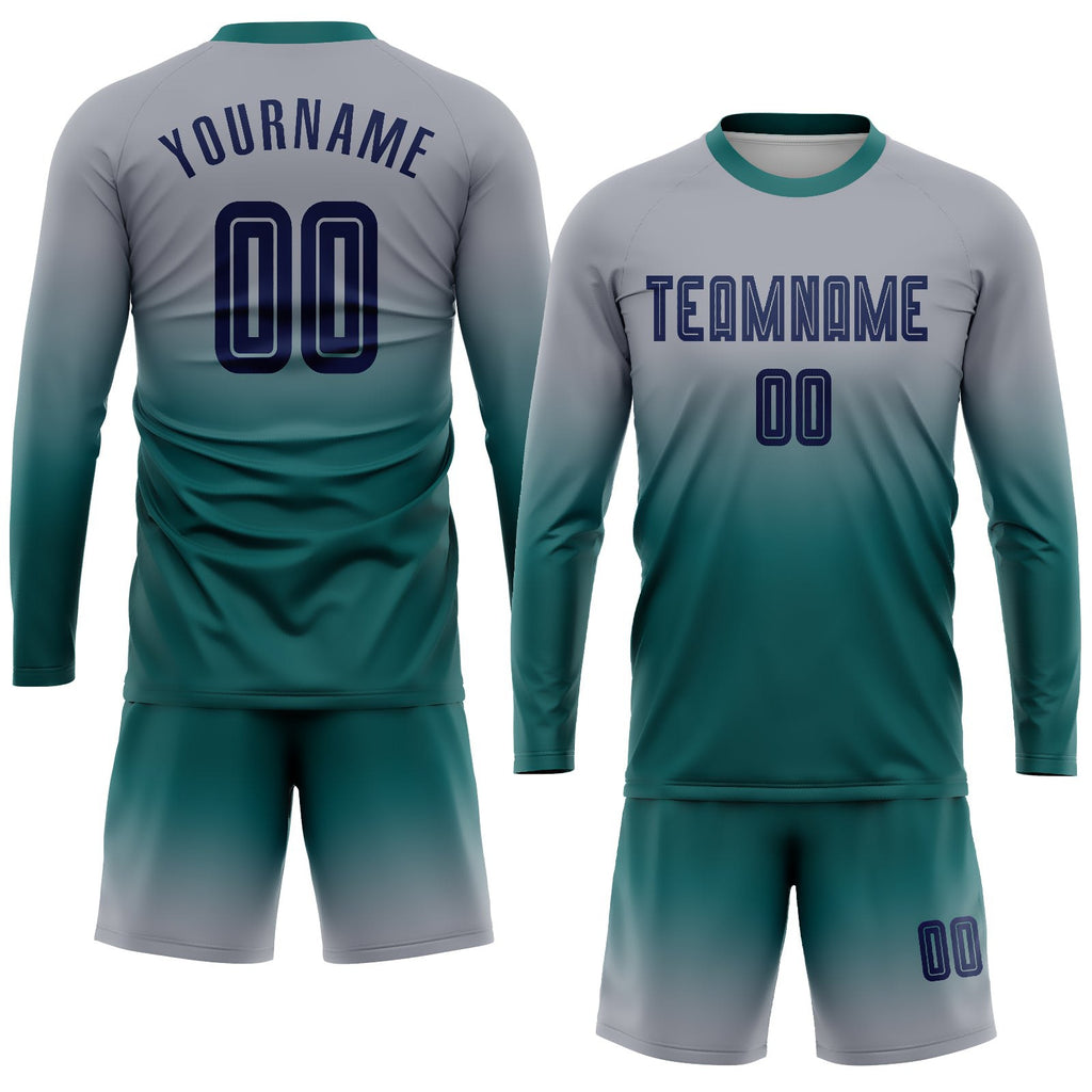 Custom Gray Navy-Teal Sublimation Long Sleeve Fade Fashion Soccer Uniform Jersey photo 2