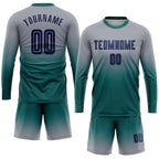Custom Gray Navy-Teal Sublimation Long Sleeve Fade Fashion Soccer Uniform Jersey photo 2