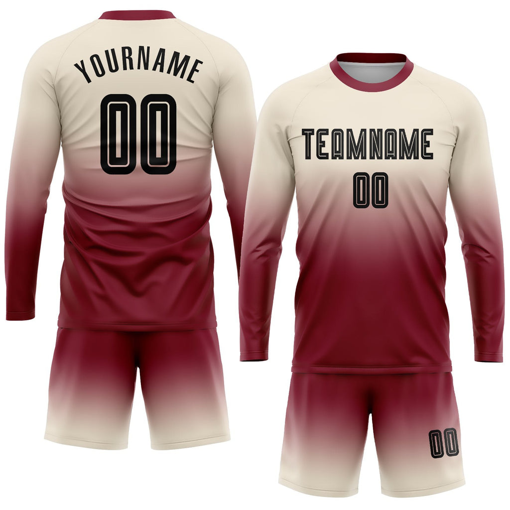 Custom Cream Black-Crimson Sublimation Long Sleeve Fade Fashion Soccer Uniform Jersey photo 2