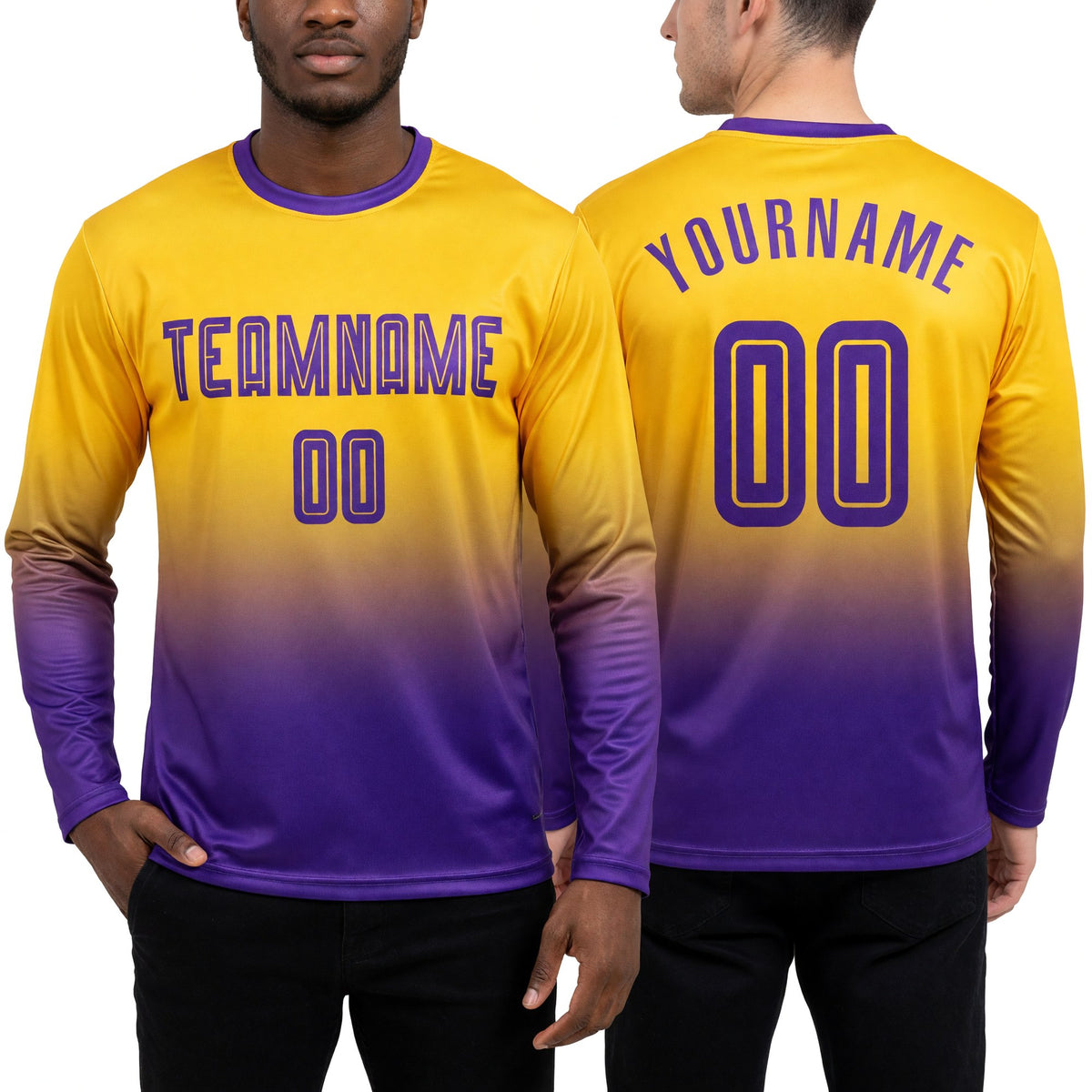 Custom Gold Purple Sublimation Long Sleeve Fade Fashion Soccer Uniform Jersey worn front and back
