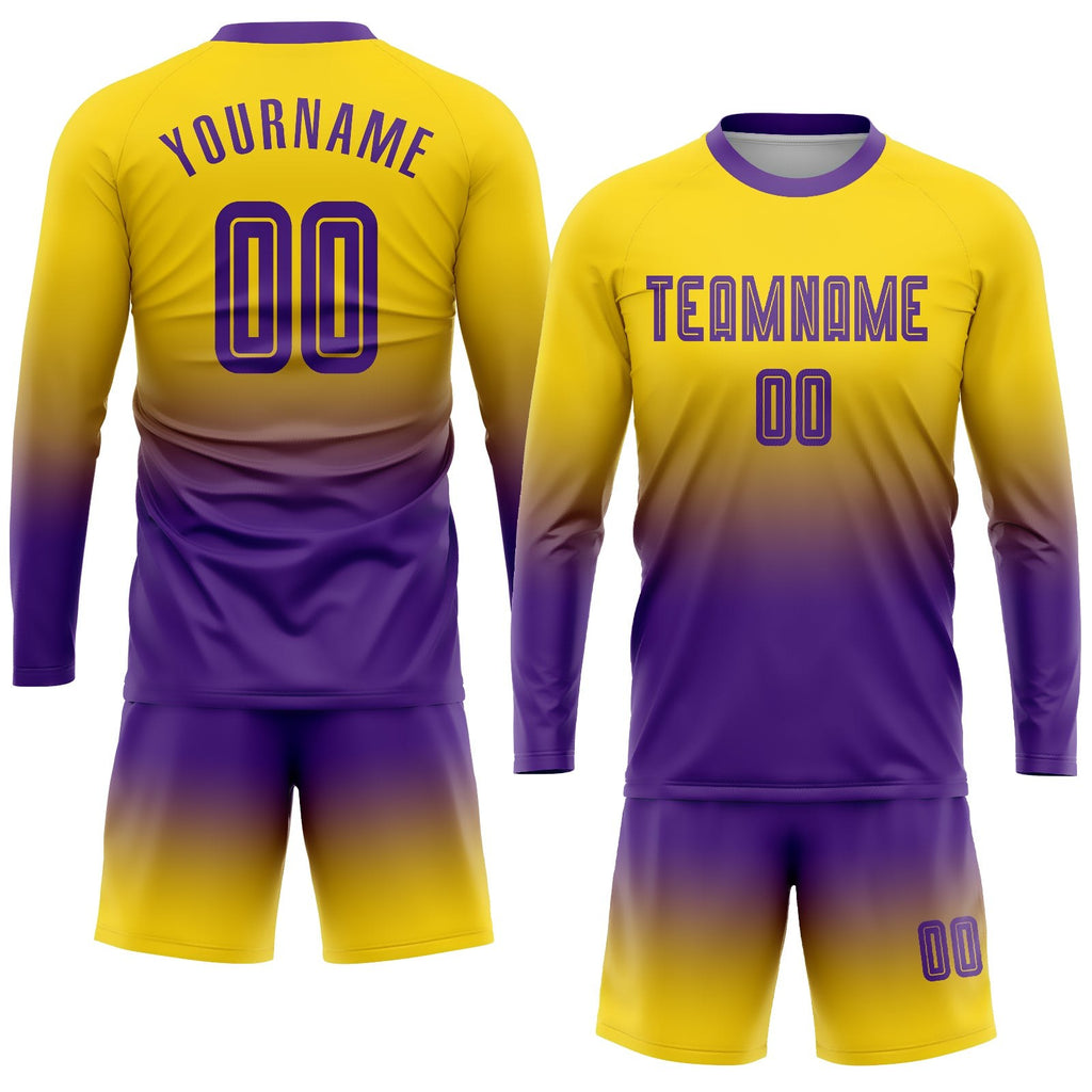 Custom Gold Purple Sublimation Long Sleeve Fade Fashion Soccer Uniform Jersey photo 2
