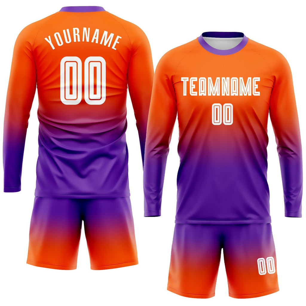 Custom Orange White-Purple Sublimation Long Sleeve Fade Fashion Soccer Uniform Jersey photo 2
