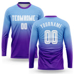 Custom Light Blue White-Purple Sublimation Long Sleeve Fade Fashion Soccer Uniform Jersey