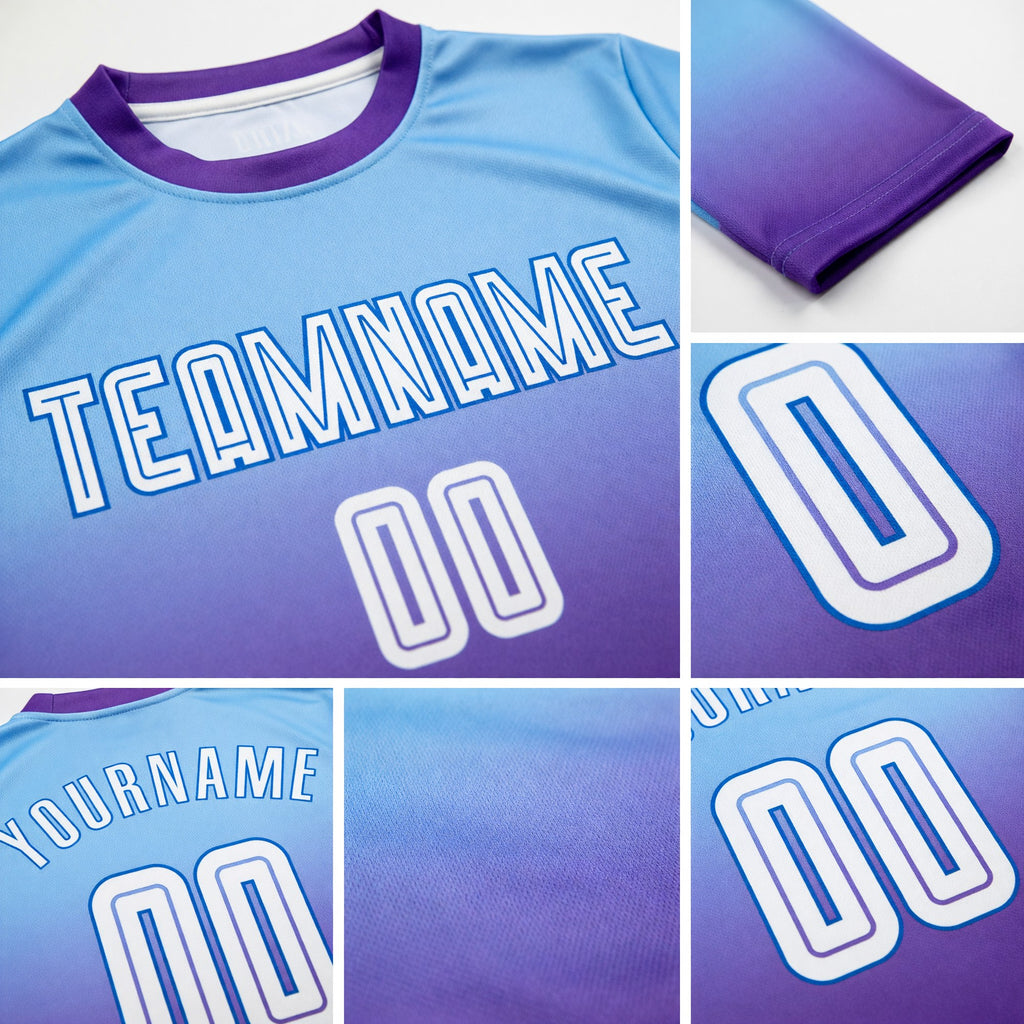 Custom Light Blue White-Purple Sublimation Long Sleeve Fade Fashion Soccer Uniform Jersey detail