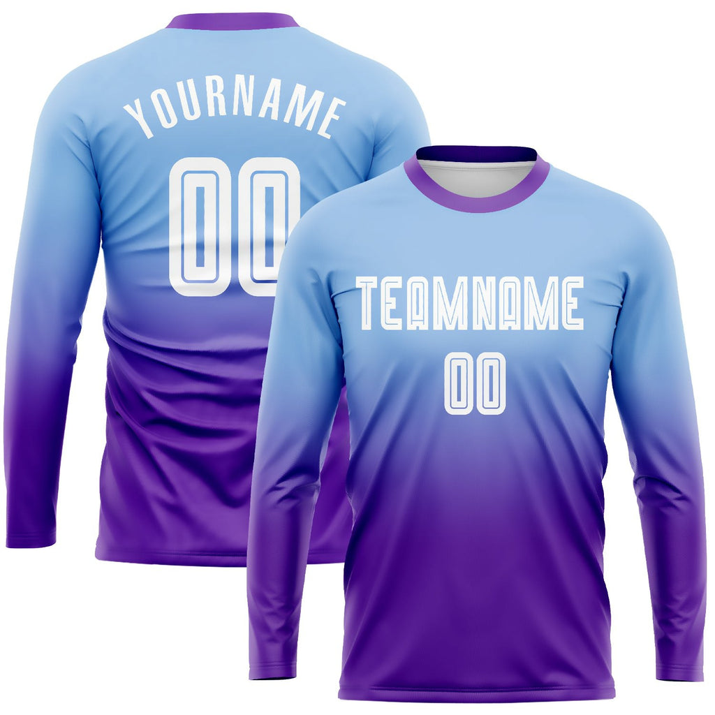 Custom Light Blue White-Purple Sublimation Long Sleeve Fade Fashion Soccer Uniform Jersey photo 1