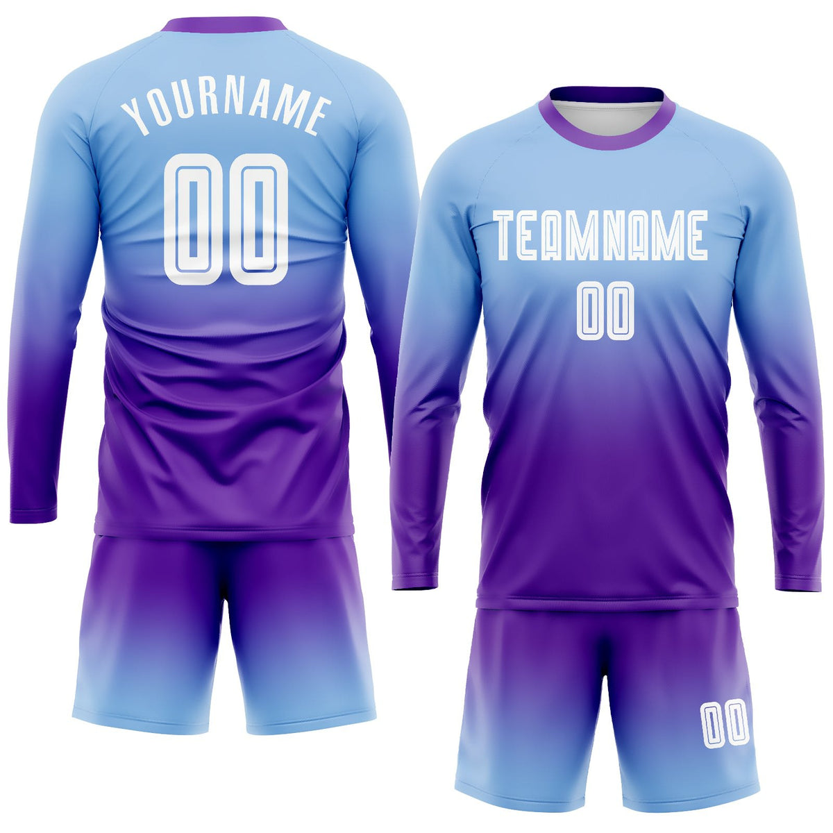 Custom Light Blue White-Purple Sublimation Long Sleeve Fade Fashion Soccer Uniform Jersey photo 2