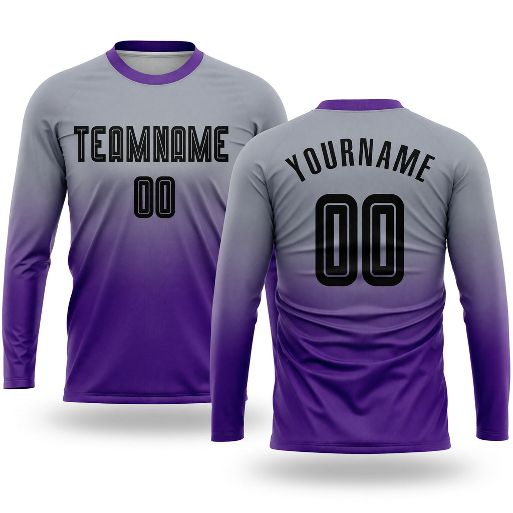 Custom Gray Black-Purple Sublimation Long Sleeve Fade Fashion Soccer Uniform Jersey