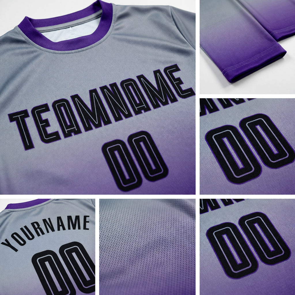 Custom Gray Black-Purple Sublimation Long Sleeve Fade Fashion Soccer Uniform Jersey detail