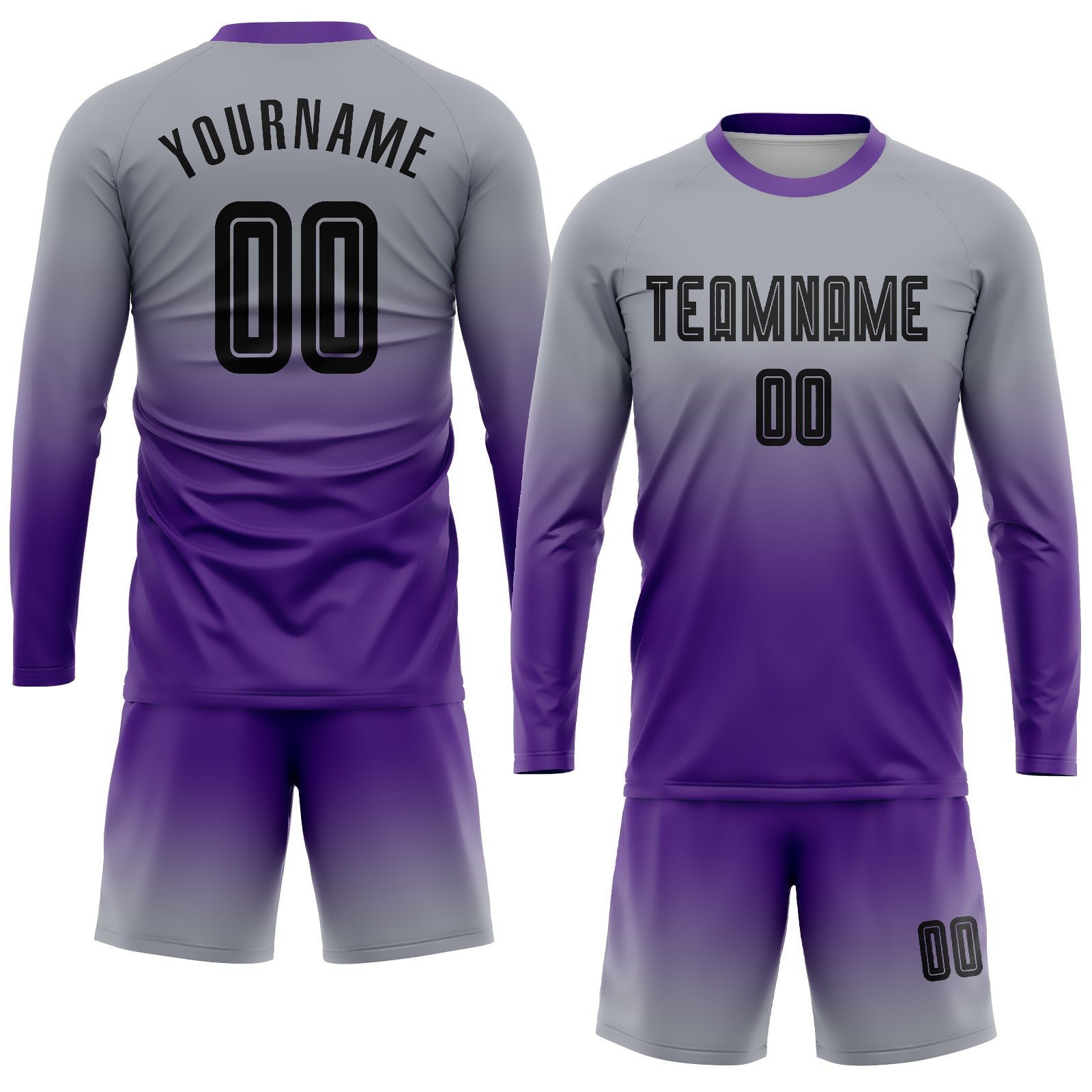 Custom Gray Black-Purple Sublimation Long Sleeve Fade Fashion Soccer Uniform Jersey photo 2