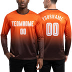 Custom Orange White-Brown Sublimation Long Sleeve Fade Fashion Soccer Uniform Jersey worn front and back