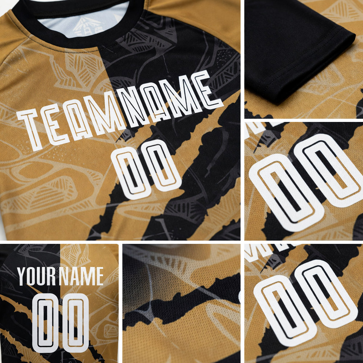 Custom Graffiti Pattern White Black-Old Gold Scratch Sublimation Soccer Uniform Jersey detail