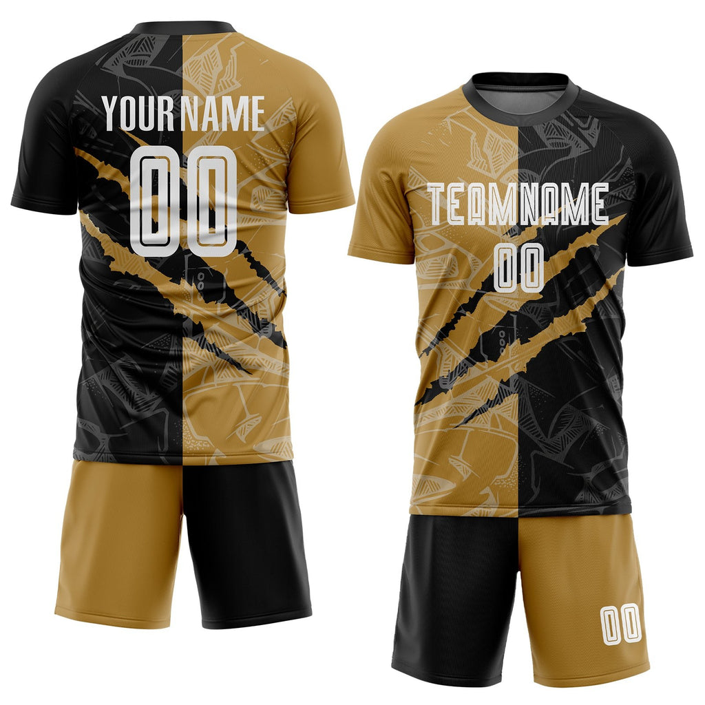 Custom Graffiti Pattern White Black-Old Gold Scratch Sublimation Soccer Uniform Jersey photo 2