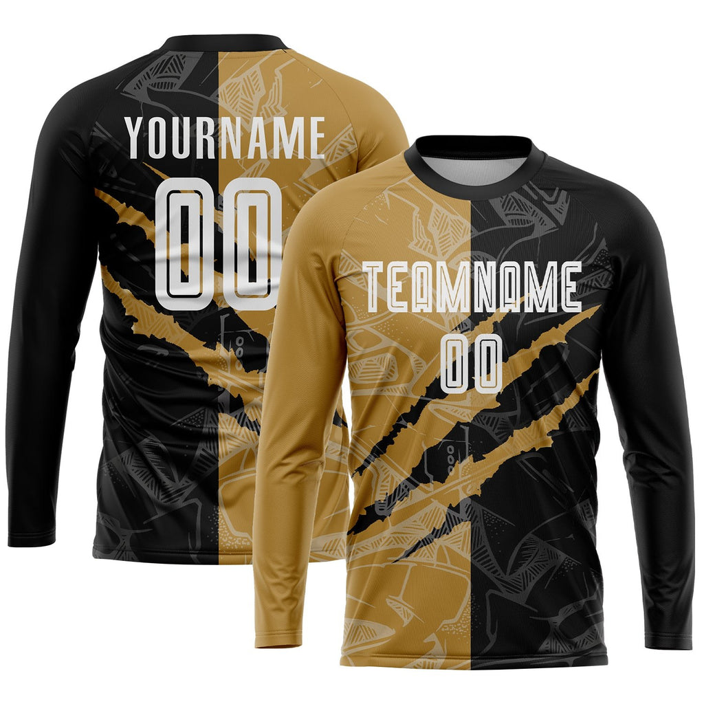 Custom Graffiti Pattern White Black-Old Gold Scratch Sublimation Soccer Uniform Jersey photo 3