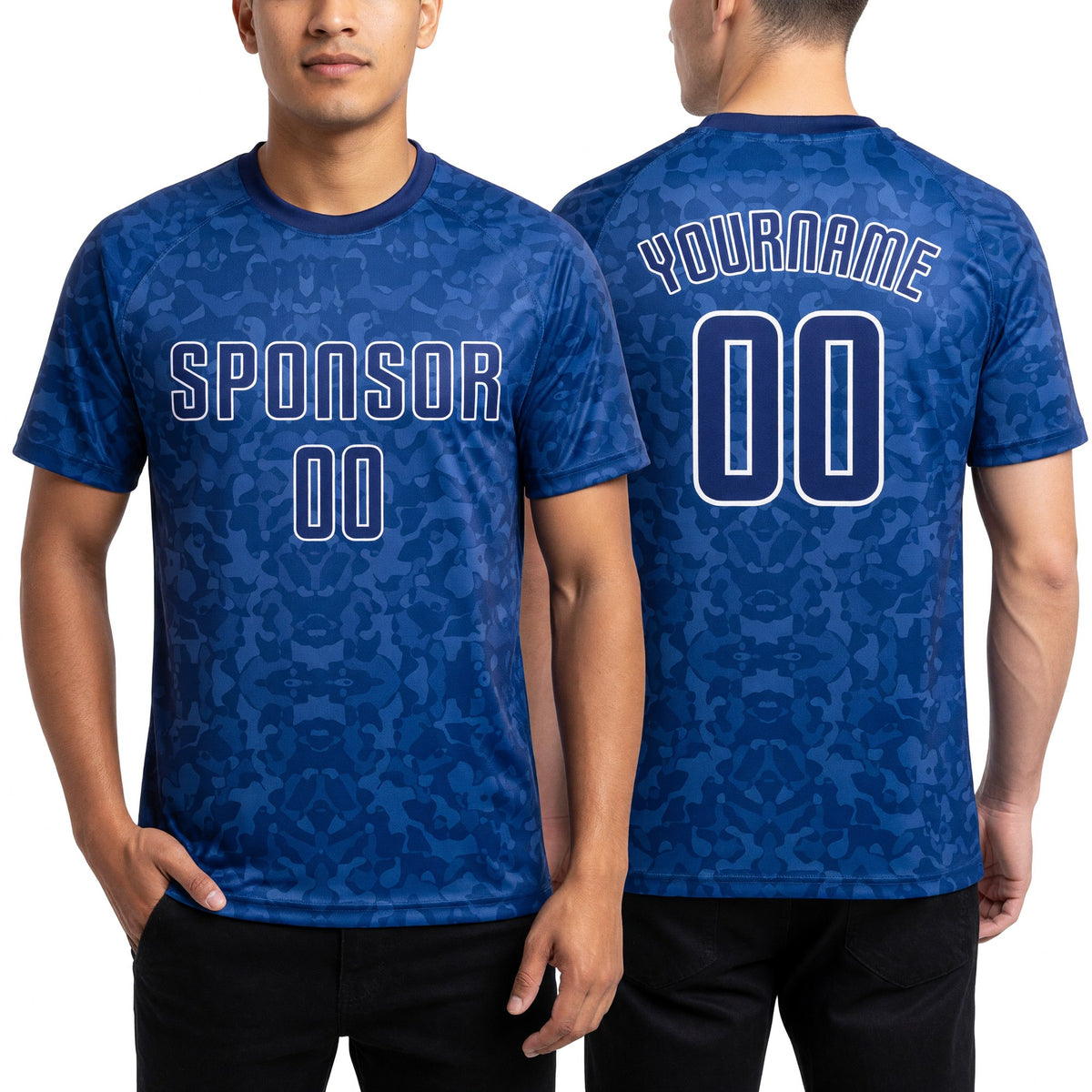 Custom Royal Royal-White Sublimation Soccer Uniform Jersey worn front and back