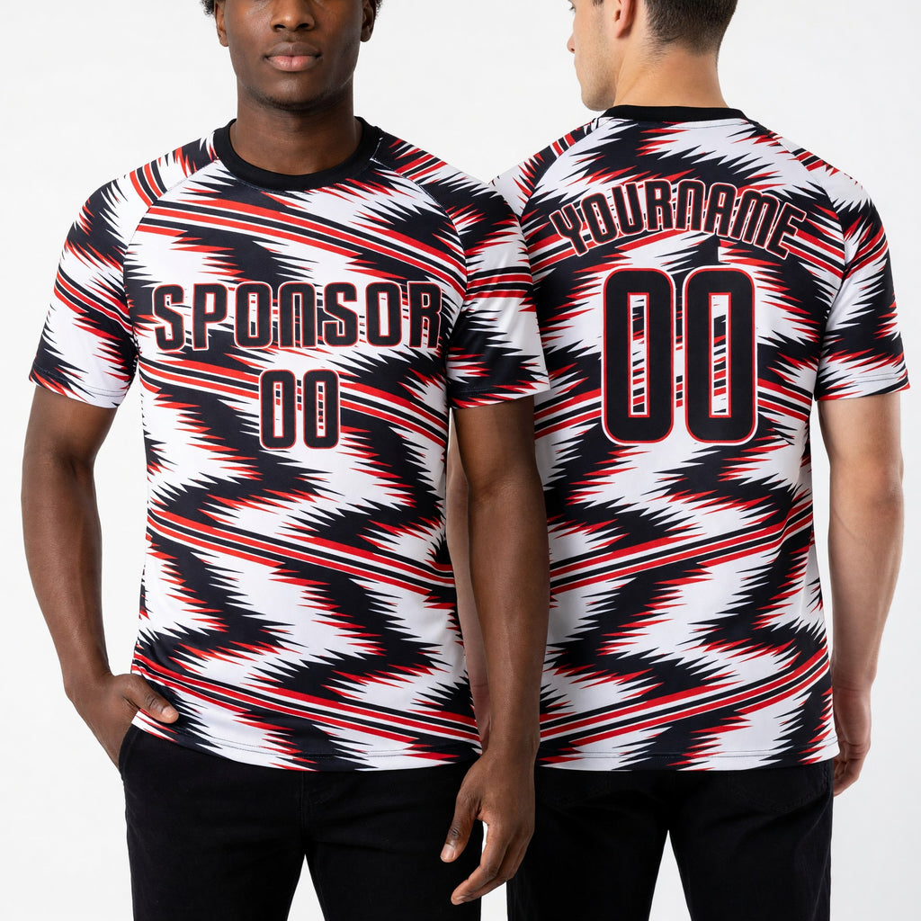 Custom White Black-Red Sublimation Soccer Uniform Jersey worn front and back