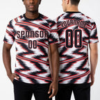 Custom White Black-Red Sublimation Soccer Uniform Jersey worn front and back