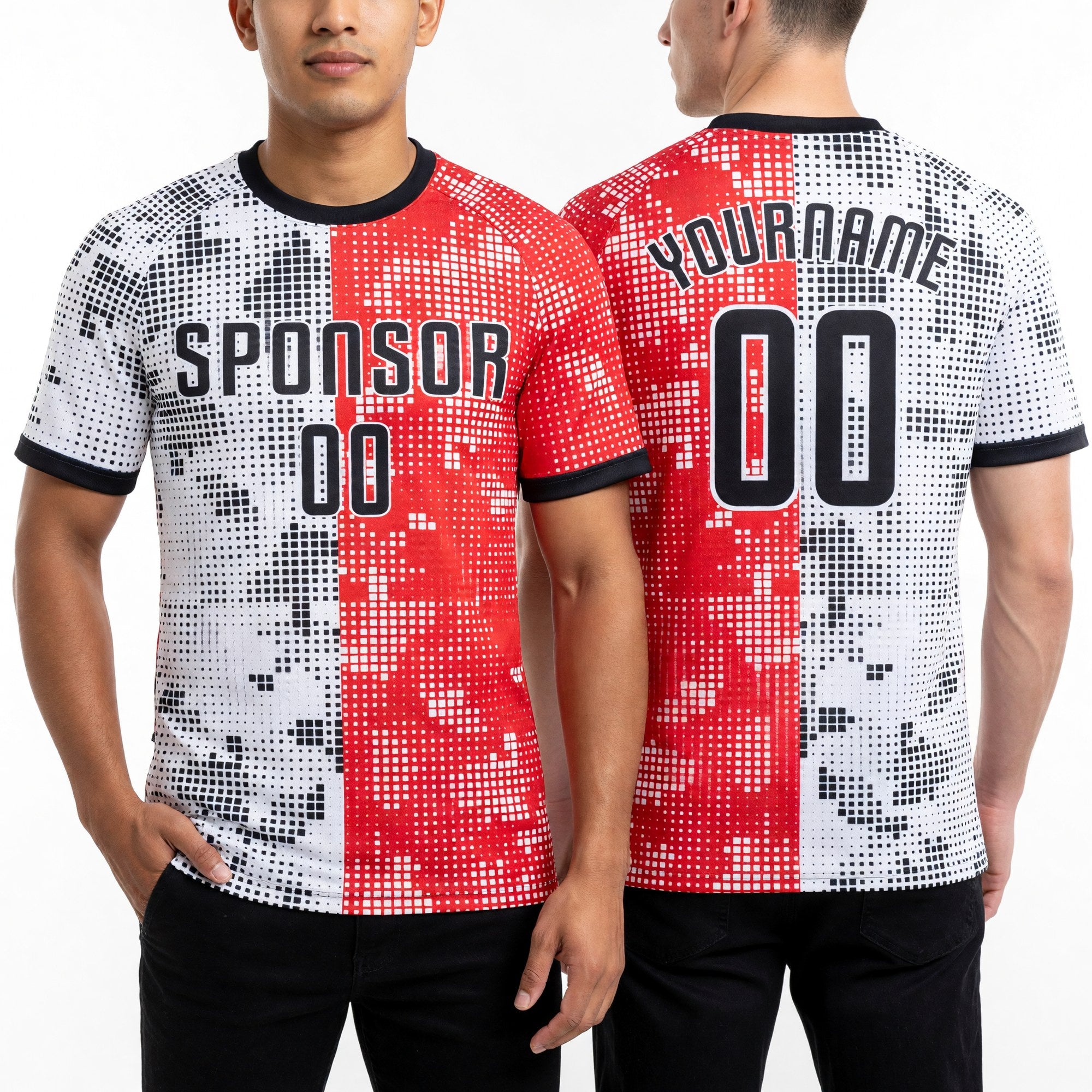 Custom Red Black-White Sublimation Soccer Uniform Jersey worn front and back
