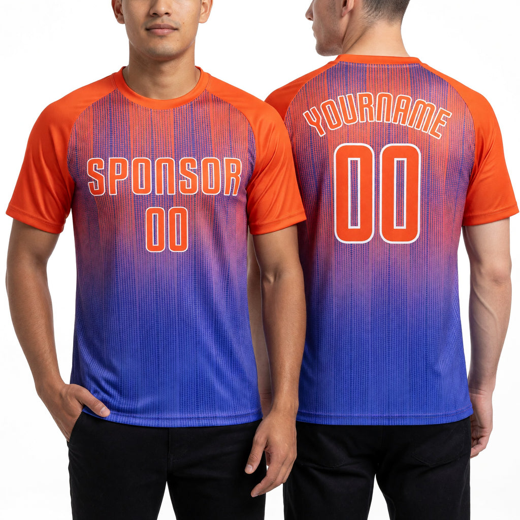 Custom Purple Orange-White Sublimation Soccer Uniform Jersey worn front and back