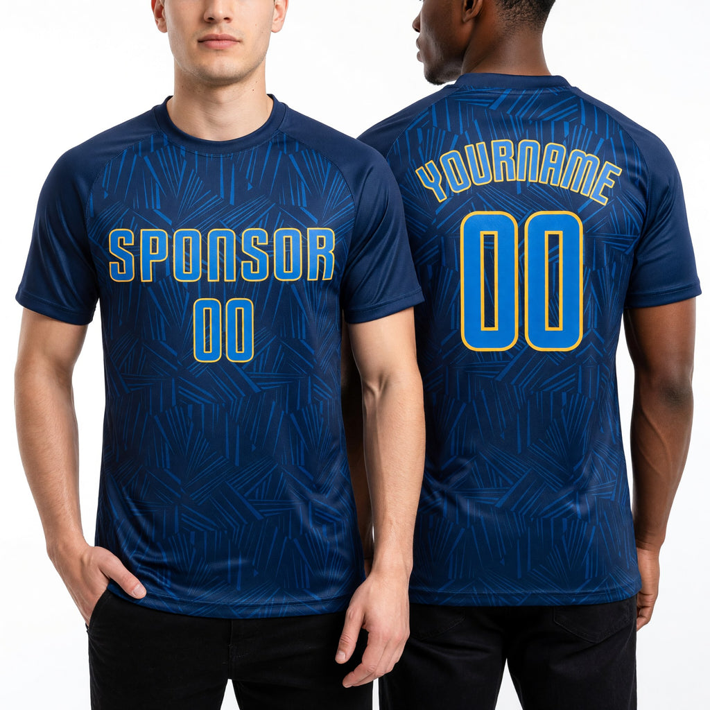 Custom Navy Royal-Gold Sublimation Soccer Uniform Jersey worn front and back