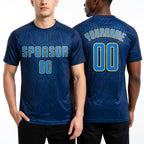 Custom Navy Royal-Gold Sublimation Soccer Uniform Jersey worn front and back