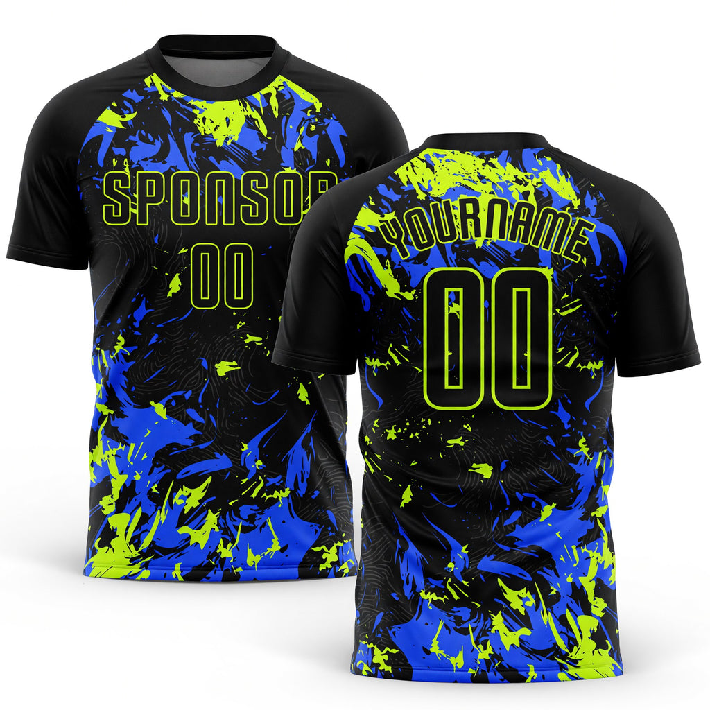 Custom Black Black Neon Green-Royal Sublimation Soccer Uniform Jersey