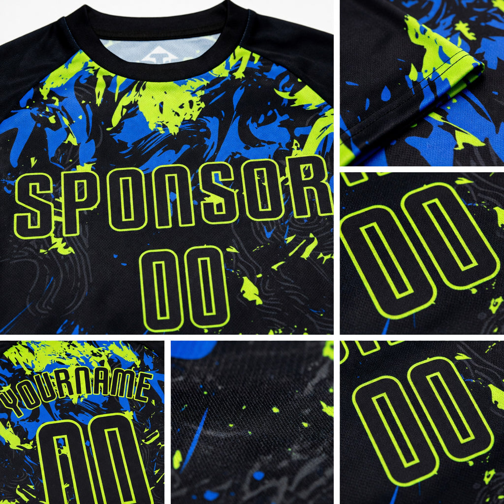 Custom Black Black Neon Green-Royal Sublimation Soccer Uniform Jersey detail