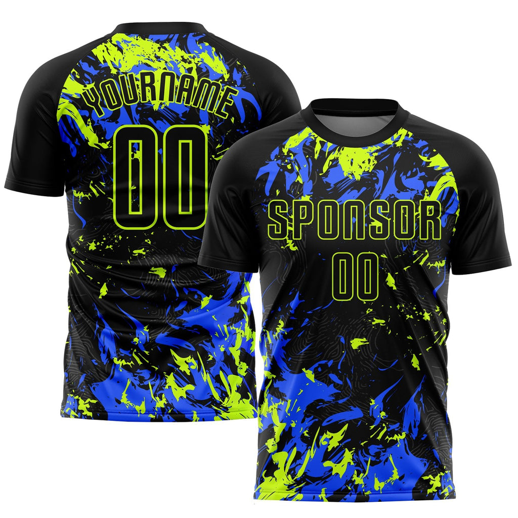 Custom Black Black Neon Green-Royal Sublimation Soccer Uniform Jersey photo 1