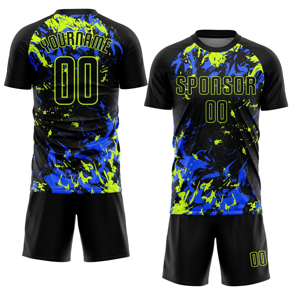 Custom Black Black Neon Green-Royal Sublimation Soccer Uniform Jersey photo 2