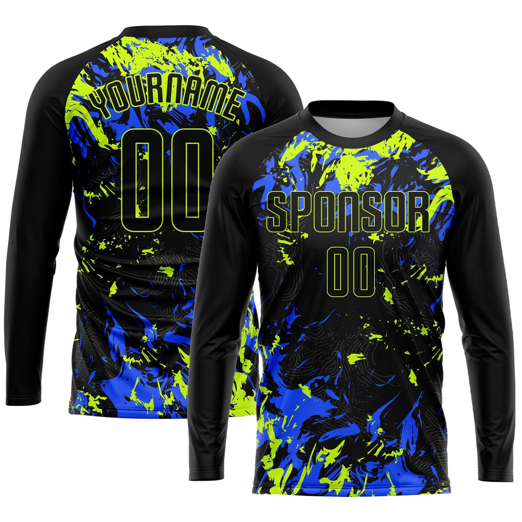 Custom Black Black Neon Green-Royal Sublimation Soccer Uniform Jersey photo 3