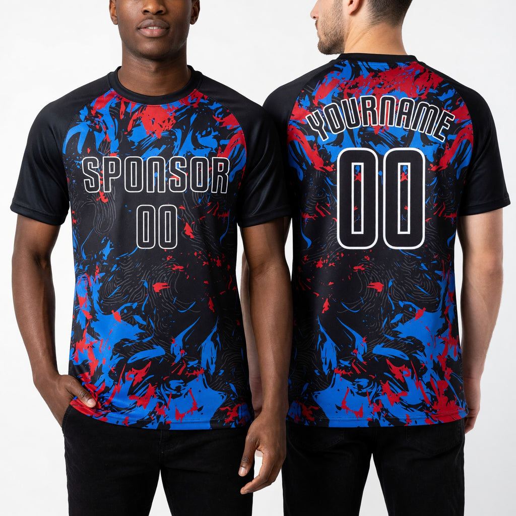 Custom Black Black Royal-Red Sublimation Soccer Uniform Jersey worn front and back